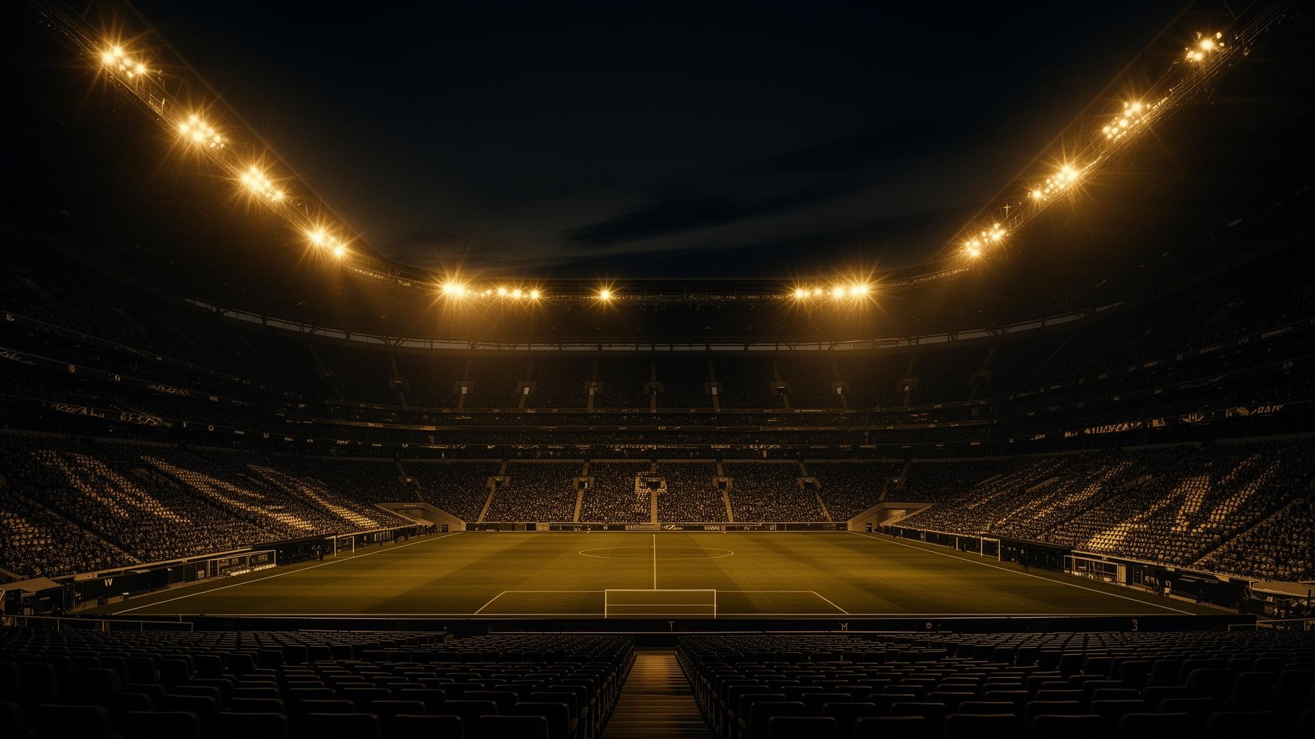 Premium stadium lit by golden floodlights at twilight